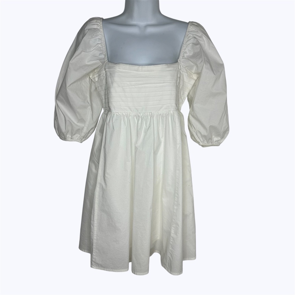 Blue Rain White Babydoll Mini Dress Puff Sleeve Smocked Back Bridal Shower Sz M